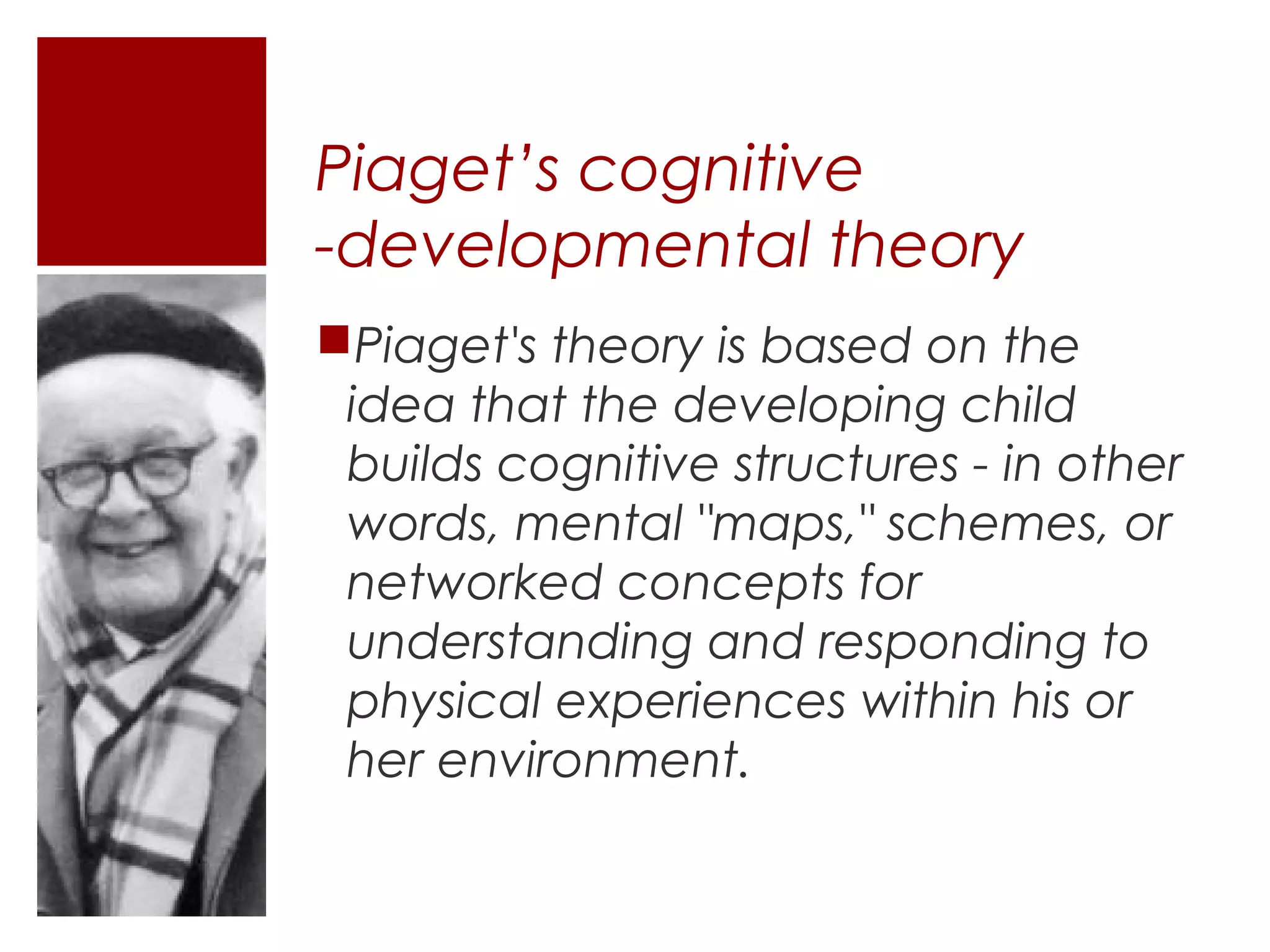Piaget’s cognitive
-developmental theory
Piaget's theory is based on the
 idea that the developing child
 builds cognitive structures - in other
 words, mental "maps," schemes, or
 networked concepts for
 understanding and responding to
 physical experiences within his or
 her environment.
 