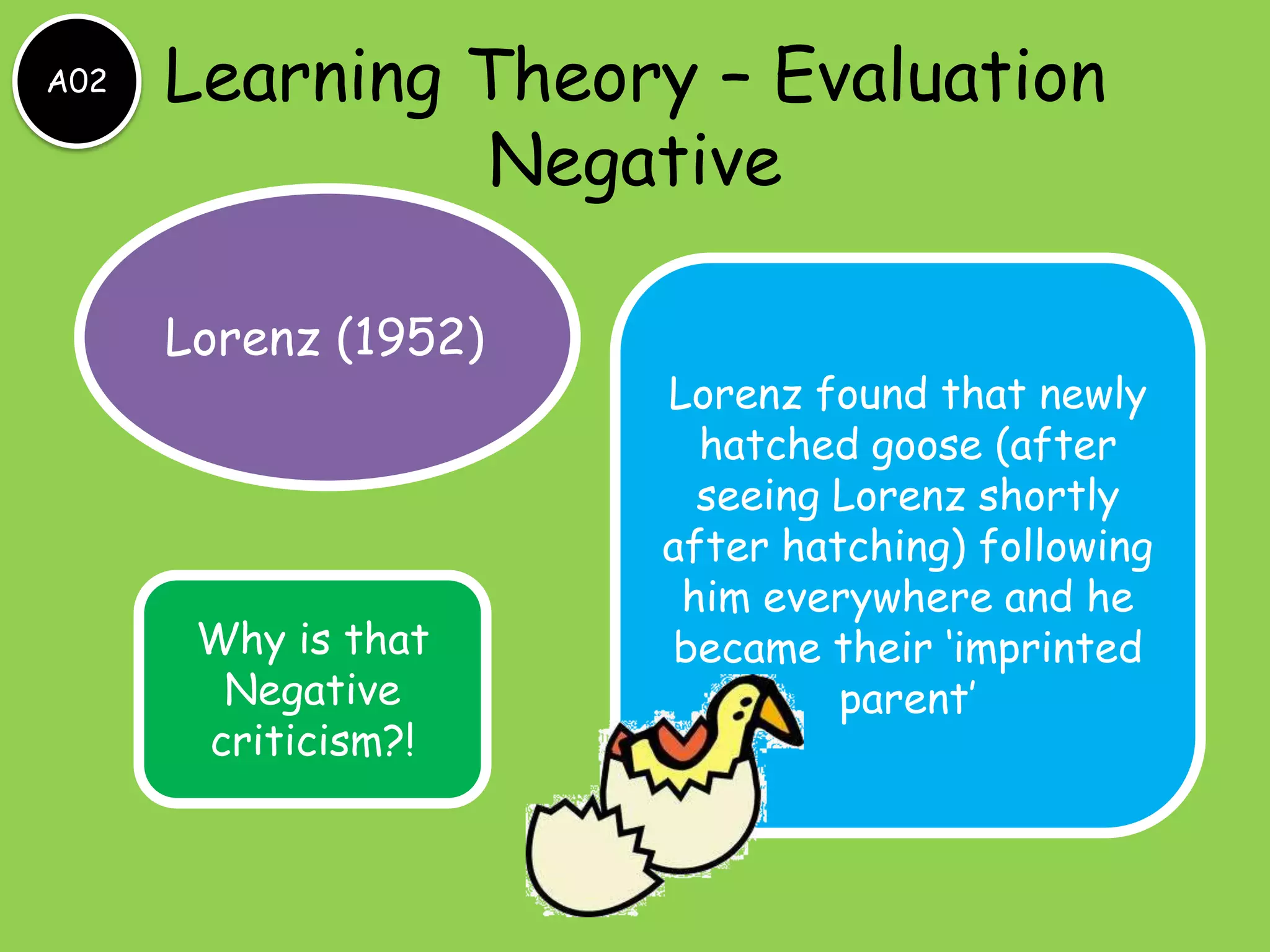 A02   Learning Theory – Evaluation
               Negative

      Lorenz (1952)
                      Lorenz found that newly
                        hatched goose (after
                        seeing Lorenz shortly
                      after hatching) following
                       him everywhere and he
       Why is that    became their ‘imprinted
        Negative               parent’
       criticism?!
 