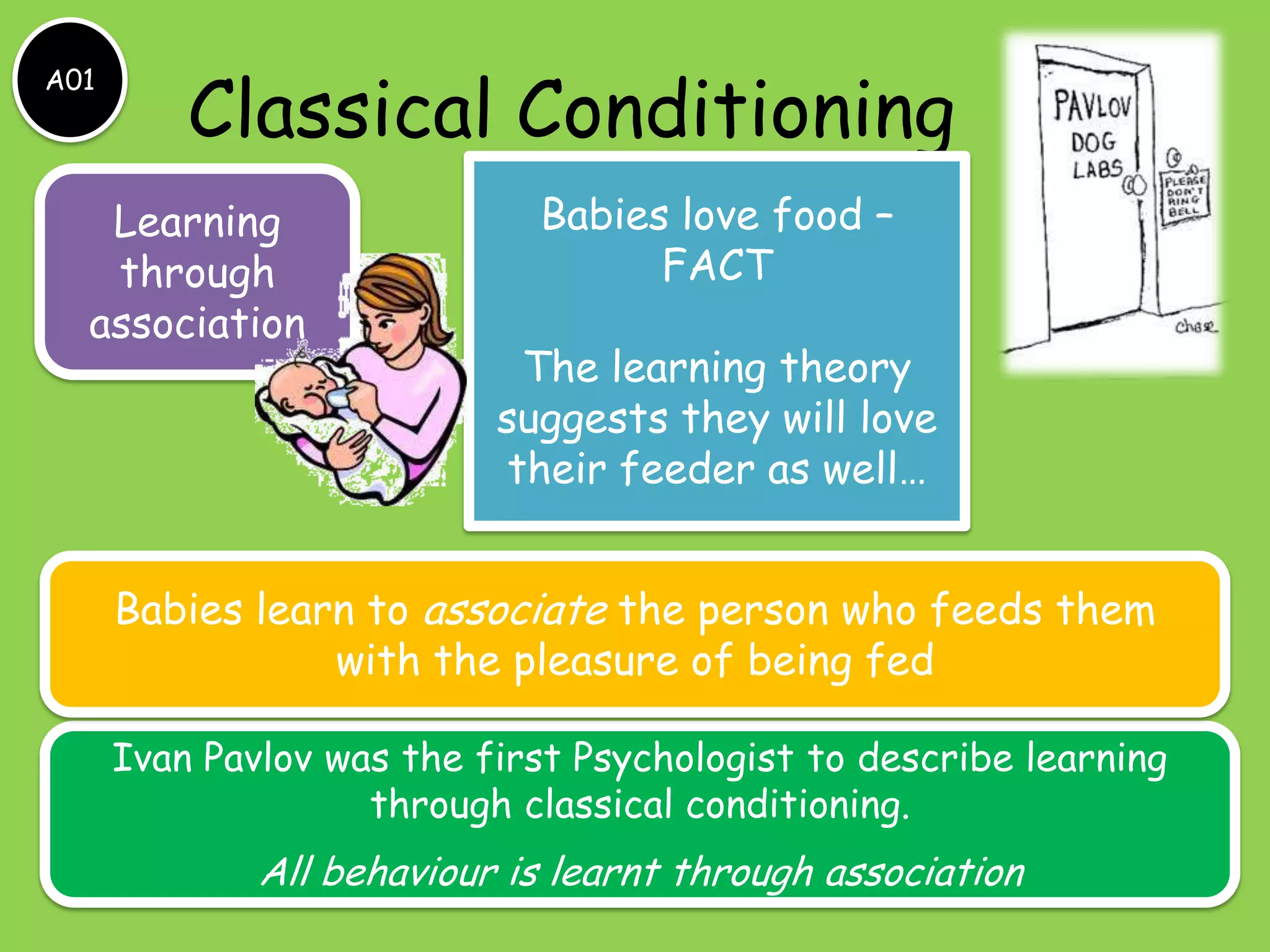 Classical Conditioning
A01




   Learning                  Babies love food –
   through                         FACT
  association
                             The learning theory
                           suggests they will love
                            their feeder as well…


      Babies learn to associate the person who feeds them
                 with the pleasure of being fed

      Ivan Pavlov was the first Psychologist to describe learning
                    through classical conditioning.
              All behaviour is learnt through association
 
