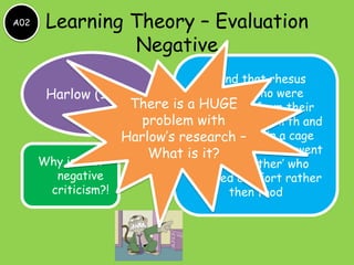 A02    Learning Theory – Evaluation
                Negative
                                  Found that rhesus
       Harlow (1959)              monkey who were
                     There is a separated from their
                                HUGE
                       problem with after birth and
                              mothers
                    Harlow’s research – in a cage
                                were placed
                              with ‘wire’ mothers went
                        What is it?
      Why is that                to the ‘mother’ who
         negative              offered comfort rather
        criticism?!                   then food
 