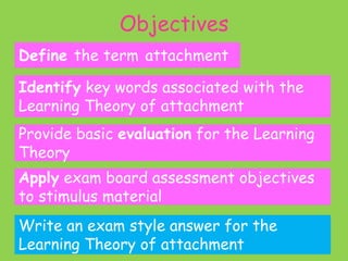 Objectives
Define the term attachment

Identify key words associated with the
Learning Theory of attachment
Provide basic evaluation for the Learning
Theory
Apply exam board assessment objectives
to stimulus material
Write an exam style answer for the
Learning Theory of attachment
 