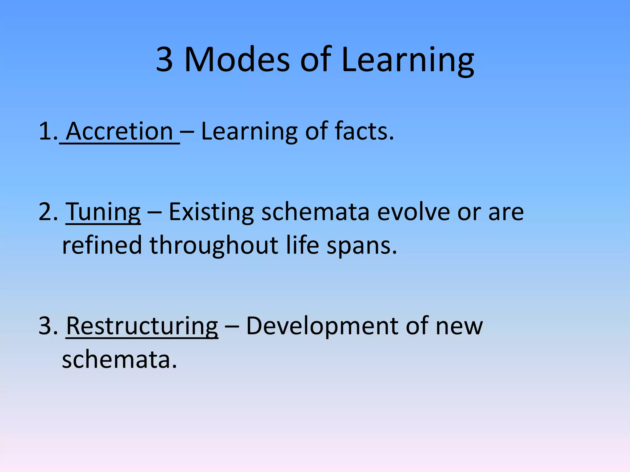 3 Modes of Learning
1. Accretion – Learning of facts.
2. Tuning – Existing schemata evolve or are
refined throughout life spans.
3. Restructuring – Development of new
schemata.
 
