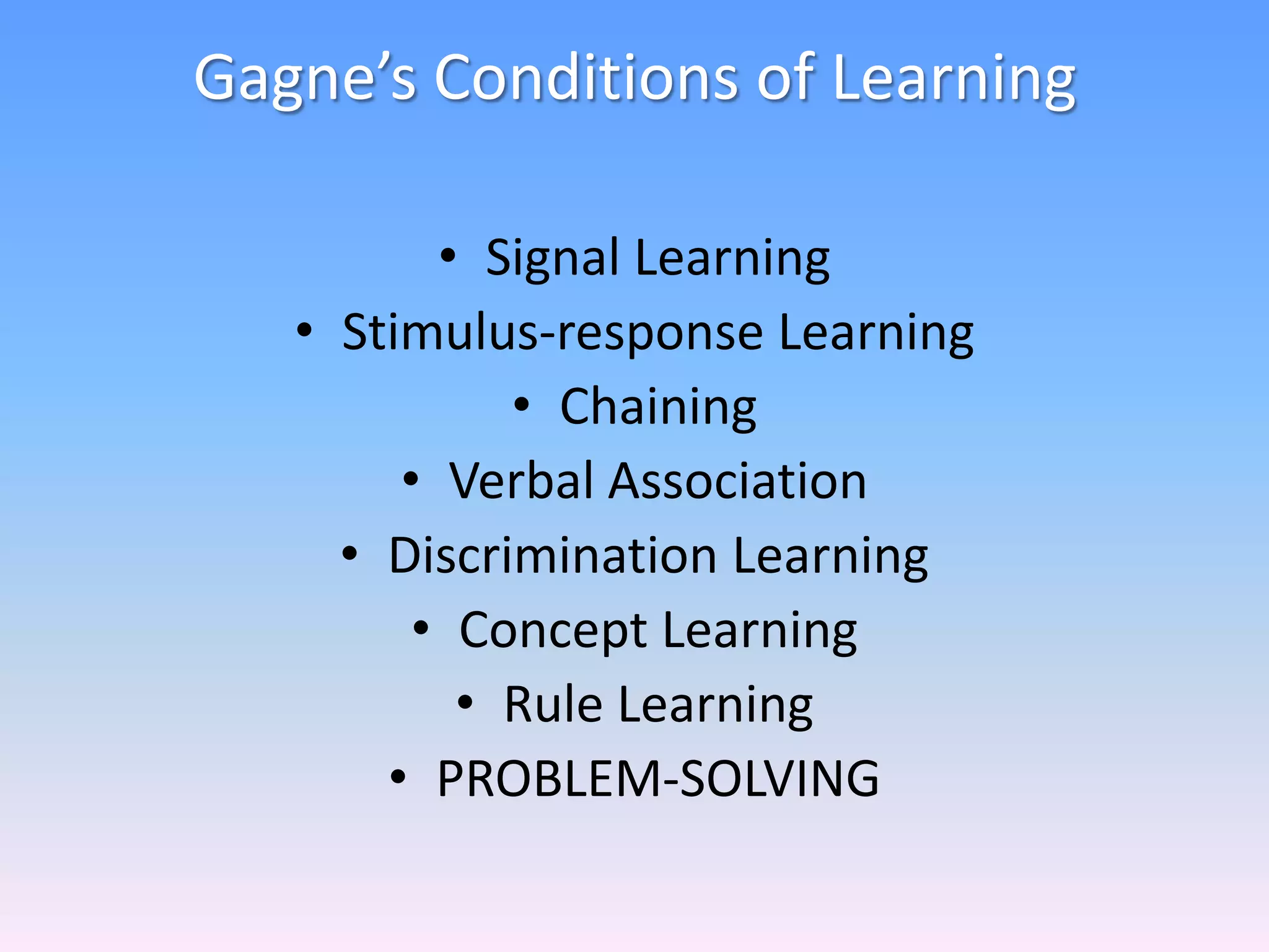 Gagne’s Conditions of Learning
• Signal Learning
• Stimulus-response Learning
• Chaining
• Verbal Association
• Discrimination Learning
• Concept Learning
• Rule Learning
• PROBLEM-SOLVING
 