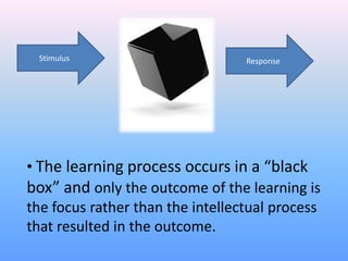 • The learning process occurs in a “black
box” and only the outcome of the learning is
the focus rather than the intellectual process
that resulted in the outcome.
Stimulus Response
 