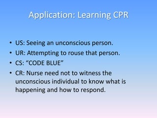 Application: Learning CPR
• US: Seeing an unconscious person.
• UR: Attempting to rouse that person.
• CS: “CODE BLUE”
• CR: Nurse need not to witness the
unconscious individual to know what is
happening and how to respond.
 