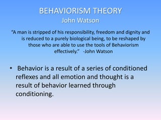 BEHAVIORISM THEORY
John Watson
“A man is stripped of his responsibility, freedom and dignity and
is reduced to a purely bi...
