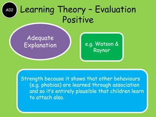 A02

Learning Theory – Evaluation
Positive
Adequate
Explanation

e.g. Watson &
Raynor

Strength because it shows that other behaviours
(e.g. phobias) are learned through association
and so it’s entirely plausible that children learn
to attach also.

 
