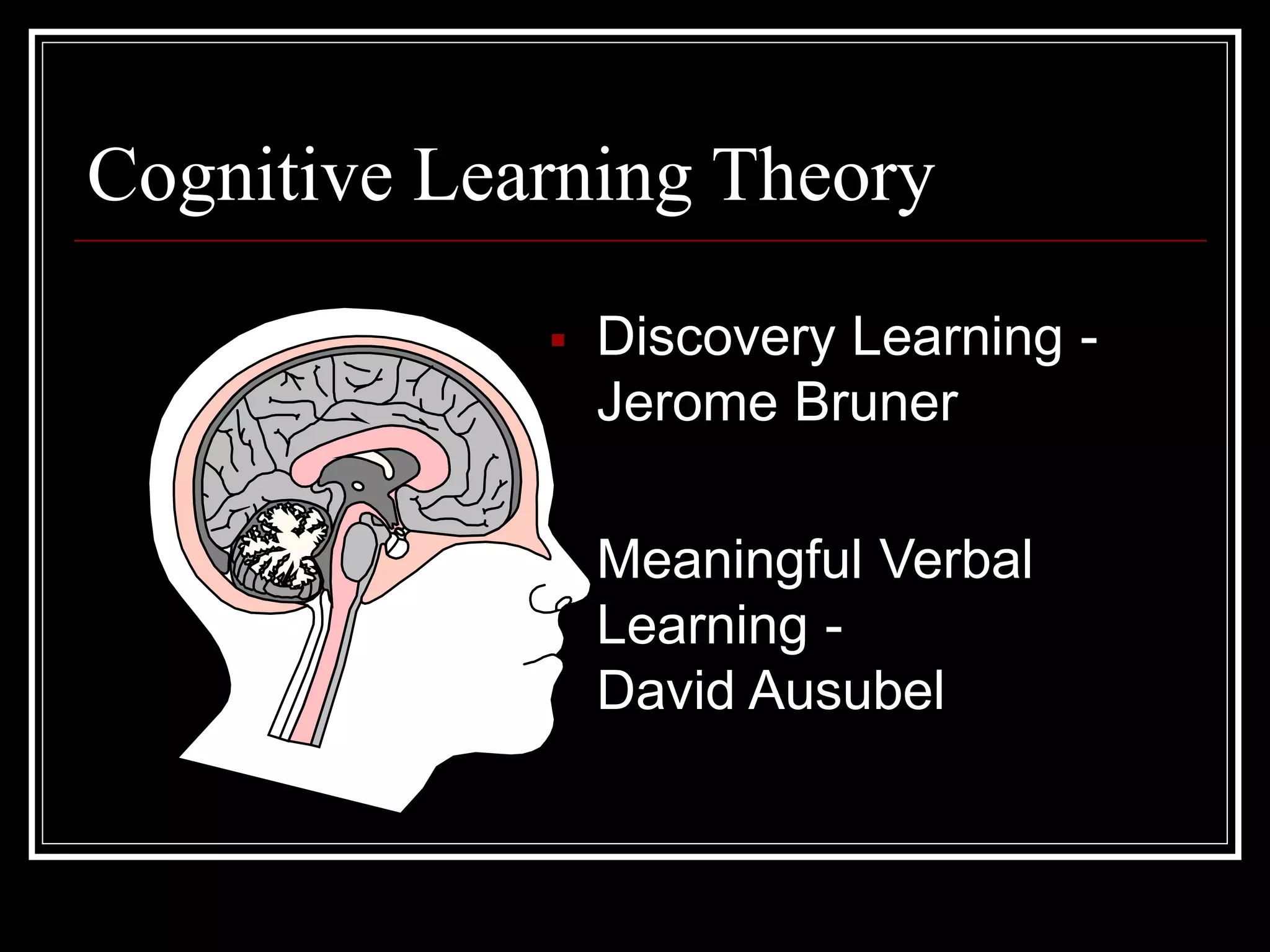 Cognitive Learning Theory
 Discovery Learning -
Jerome Bruner
 Meaningful Verbal
Learning -
David Ausubel
 