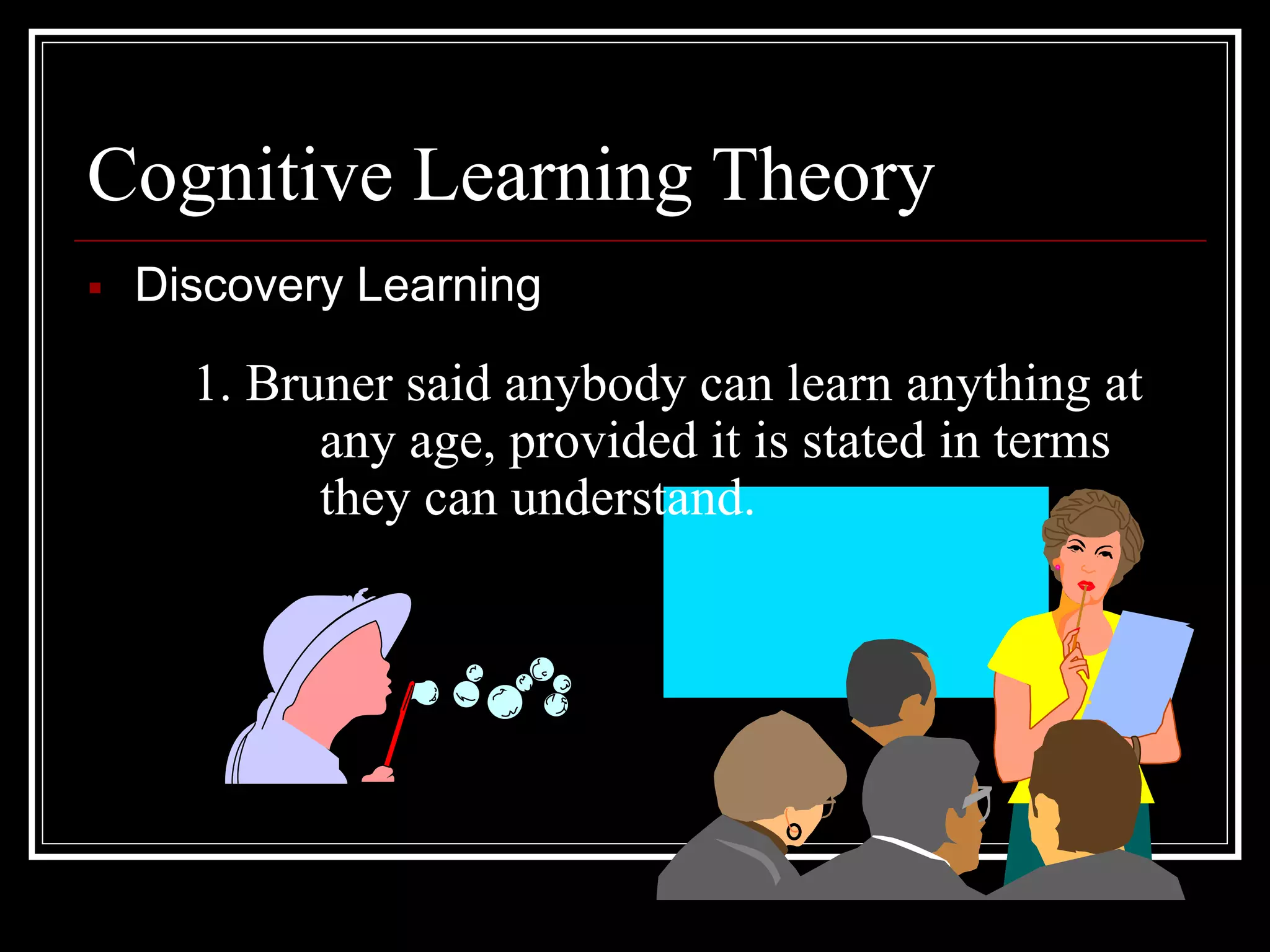 Cognitive Learning Theory
 Discovery Learning
1. Bruner said anybody can learn anything at
any age, provided it is stated in terms
they can understand.
 