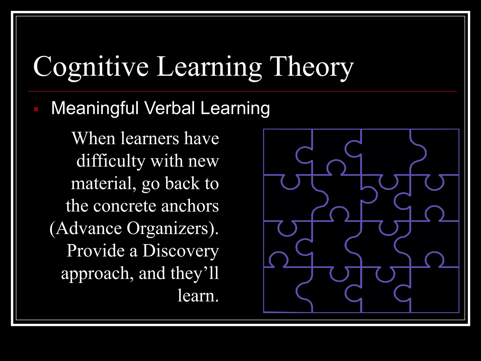  Meaningful Verbal Learning
Cognitive Learning Theory
When learners have
difficulty with new
material, go back to
the concrete anchors
(Advance Organizers).
Provide a Discovery
approach, and they’ll
learn.
 