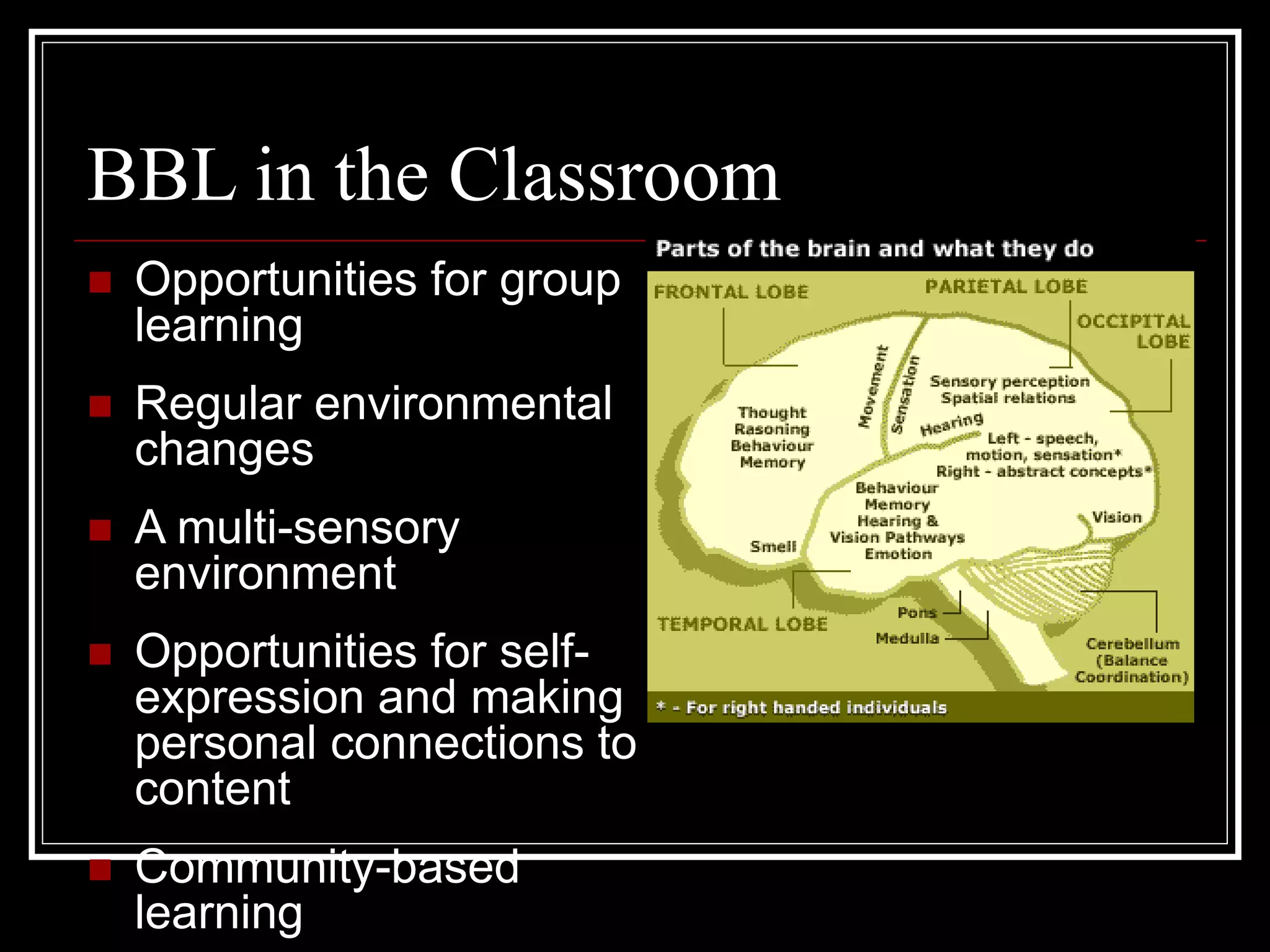BBL in the Classroom
 Opportunities for group
learning
 Regular environmental
changes
 A multi-sensory
environment
 Opportunities for self-
expression and making
personal connections to
content
 Community-based
learning
 