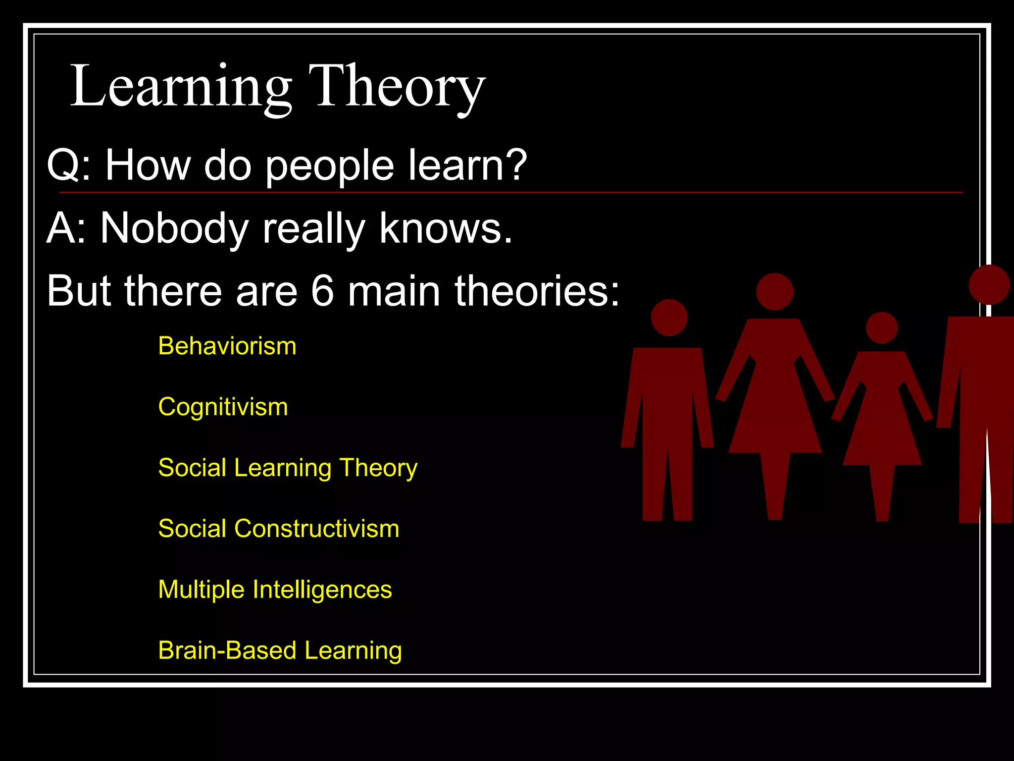 Learning Theory
Q: How do people learn?
A: Nobody really knows.
But there are 6 main theories:
Behaviorism
Cognitivism
Social Learning Theory
Social Constructivism
Multiple Intelligences
Brain-Based Learning
 