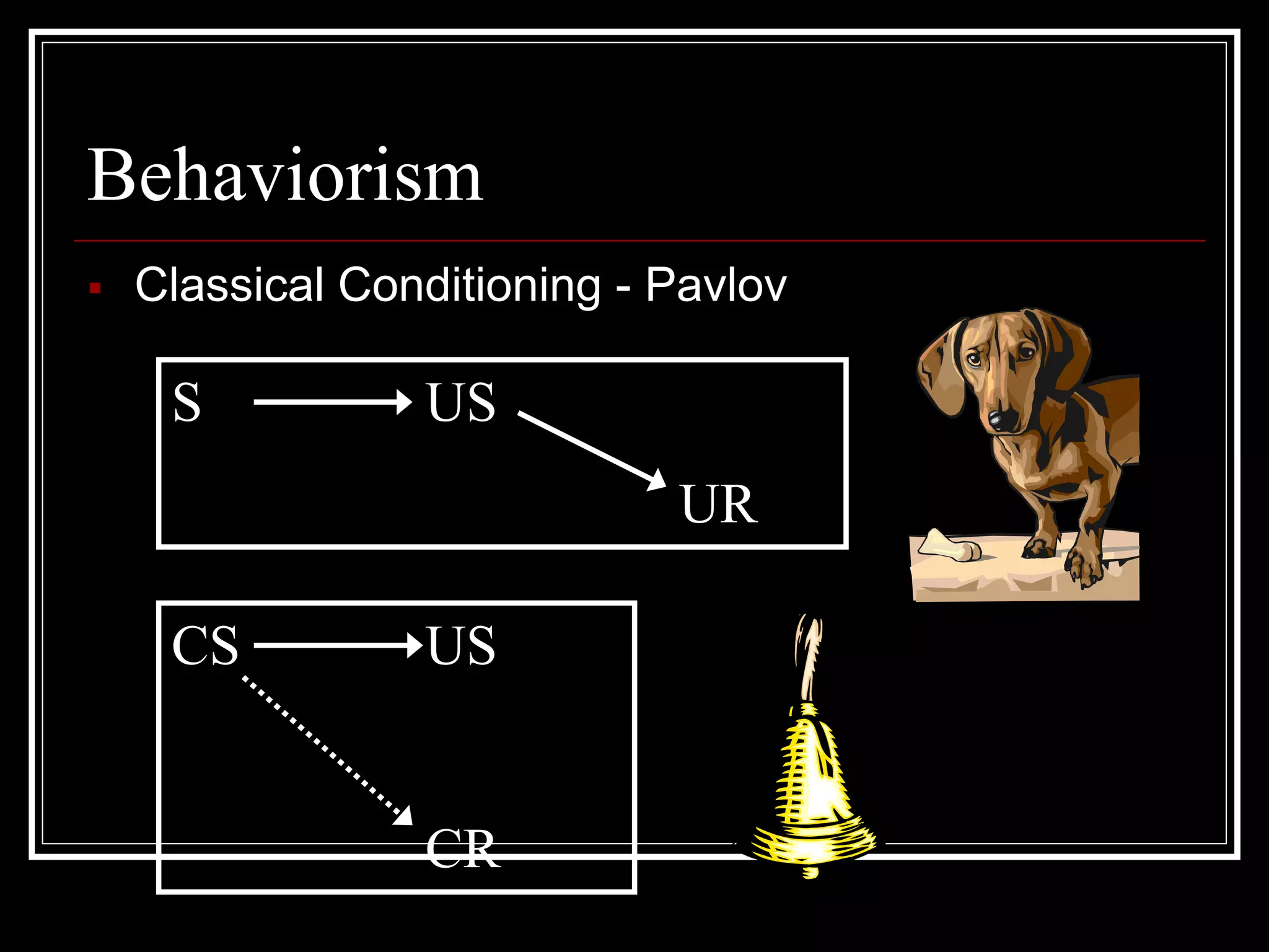 Behaviorism
 Classical Conditioning - Pavlov
S US
UR
CS US
CR
 