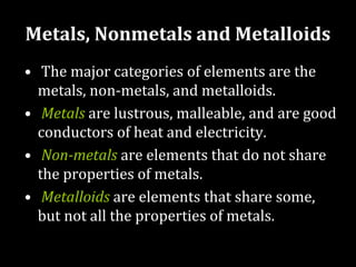 Metals, Nonmetals and Metalloids
• The major categories of elements are the
metals, non-metals, and metalloids.
• Metals are lustrous, malleable, and are good
conductors of heat and electricity.
• Non-metals are elements that do not share
the properties of metals.
• Metalloids are elements that share some,
but not all the properties of metals.
 