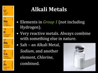 Alkali Metals
• Elements in Group 1 (not including
Hydrogen).
• Very reactive metals. Always combine
with something else in nature.
• Salt – an Alkali Metal,
Sodium, and another
element, Chlorine,
combined.
 