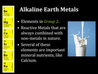 Alkaline Earth Metals
• Elements in Group 2.
• Reactive Metals that are
always combined with
non-metals in nature.
• Several of these
elements are important
mineral nutrients, like
Calcium.
 