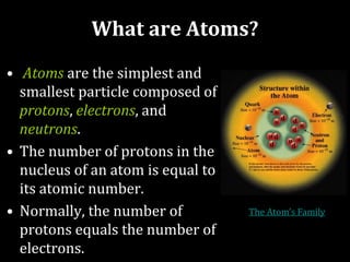 What are Atoms?
• Atoms are the simplest and
smallest particle composed of
protons, electrons, and
neutrons.
• The number of protons in the
nucleus of an atom is equal to
its atomic number.
• Normally, the number of
protons equals the number of
electrons.
The Atom’s Family
 