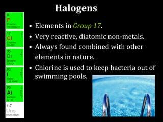 Halogens
• Elements in Group 17.
• Very reactive, diatomic non-metals.
• Always found combined with other
elements in nature.
• Chlorine is used to keep bacteria out of
swimming pools.
 