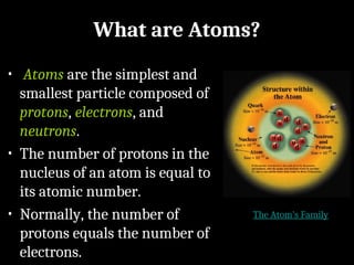 What are Atoms?
• Atoms are the simplest and
smallest particle composed of
protons, electrons, and
neutrons.
• The number of protons in the
nucleus of an atom is equal to
its atomic number.
• Normally, the number of
protons equals the number of
electrons.
The Atom’s Family
 