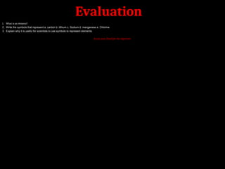 Evaluation
1. What is an element?
2. Write the symbols that represent a. carbon b. lithium c. Sodium d. manganese e. Chlorine
3. Explain why it is useful for scientists to use symbols to represent elements.
Access your Email for the objectives
 