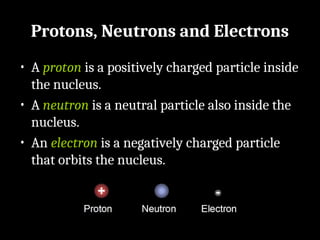 Protons, Neutrons and Electrons
• A proton is a positively charged particle inside
the nucleus.
• A neutron is a neutral particle also inside the
nucleus.
• An electron is a negatively charged particle
that orbits the nucleus.
 
