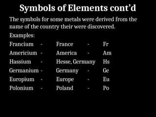 Symbols of Elements cont’d
The symbols for some metals were derived from the
name of the country their were discovered.
Examples:
Francium - France - Fr
Americium - America - Am
Hassium - Hesse, Germany Hs
Germanium - Germany - Ge
Europium - Europe - Eu
Polonium - Poland - Po
 