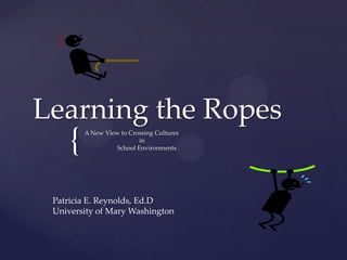 Learning the Ropes

{

A New View to Crossing Cultures
in
School Environments

Patricia E. Reynolds, Ed.D
University of Mary Washington

 