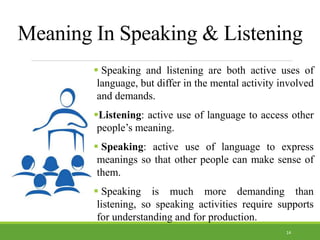 Meaning In Speaking & Listening
 Speaking and listening are both active uses of
language, but differ in the mental activity involved
and demands.
Listening: active use of language to access other
people’s meaning.
 Speaking: active use of language to express
meanings so that other people can make sense of
them.
 Speaking is much more demanding than
listening, so speaking activities require supports
for understanding and for production.
14
 