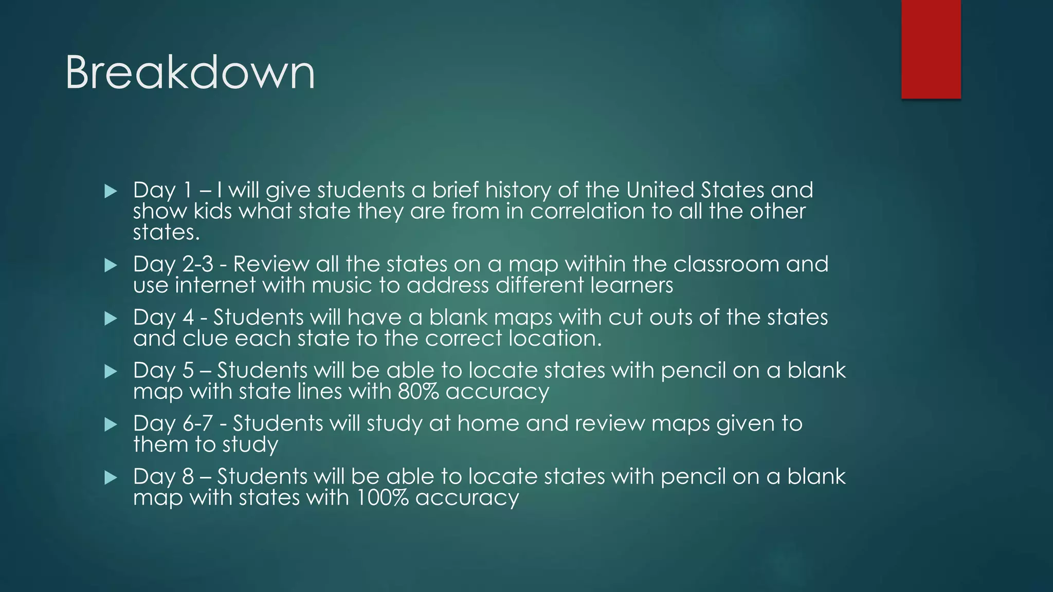 Breakdown
 Day 1 – I will give students a brief history of the United States and
show kids what state they are from in correlation to all the other
states.
 Day 2-3 - Review all the states on a map within the classroom and
use internet with music to address different learners
 Day 4 - Students will have a blank maps with cut outs of the states
and clue each state to the correct location.
 Day 5 – Students will be able to locate states with pencil on a blank
map with state lines with 80% accuracy
 Day 6-7 - Students will study at home and review maps given to
them to study
 Day 8 – Students will be able to locate states with pencil on a blank
map with states with 100% accuracy
 