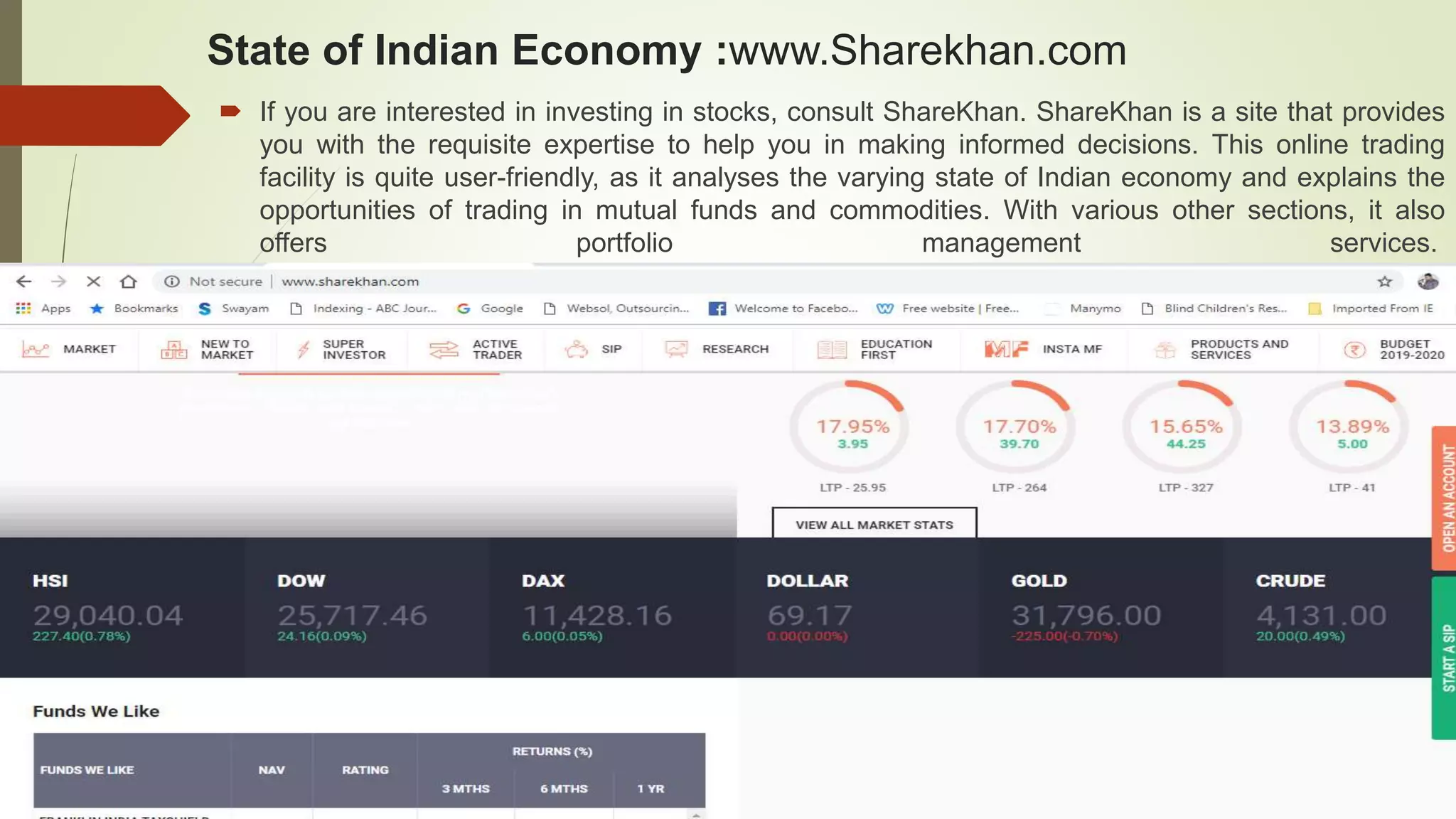 State of Indian Economy :www.Sharekhan.com
 If you are interested in investing in stocks, consult ShareKhan. ShareKhan is a site that provides
you with the requisite expertise to help you in making informed decisions. This online trading
facility is quite user-friendly, as it analyses the varying state of Indian economy and explains the
opportunities of trading in mutual funds and commodities. With various other sections, it also
offers portfolio management services.
 
