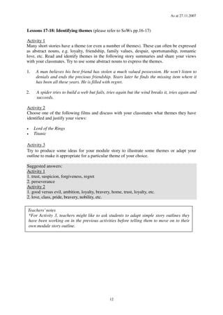 As at 27.11.2007
12
Lessons 17-18: Identifying themes (please refer to SoWs pp.16-17)
Activity 1
Many short stories have a theme (or even a number of themes). These can often be expressed
as abstract nouns, e.g. loyalty, friendship, family values, despair, sportsmanship, romantic
love, etc. Read and identify themes in the following story summaries and share your views
with your classmates. Try to use some abstract nouns to express the themes.
1. A man believes his best friend has stolen a much valued possession. He won’t listen to
denials and ends the precious friendship. Years later he finds the missing item where it
has been all these years. He is filled with regret.
2. A spider tries to build a web but fails, tries again but the wind breaks it, tries again and
succeeds.
Activity 2
Choose one of the following films and discuss with your classmates what themes they have
identified and justify your views:
• Lord of the Rings
• Titanic
Activity 3
Try to produce some ideas for your module story to illustrate some themes or adapt your
outline to make it appropriate for a particular theme of your choice.
Suggested answers:
Activity 1
1. trust, suspicion, forgiveness, regret
2. perseverance
Activity 2
1. good versus evil, ambition, loyalty, bravery, home, trust, loyalty, etc.
2. love, class, pride, bravery, nobility, etc.
Teachers’notes
*For Activity 3, teachers might like to ask students to adapt simple story outlines they
have been working on in the previous activities before telling them to move on to their
own module story outline.
 