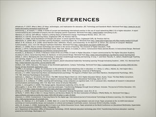 References
                 •Anderson, P. (2007). What is Web 2.0? Ideas, technologies, and implications for education. JISC Technology and Standards Watch. Retrieved from http://www.jisc.ac.uk/
                 media/documents/techwatch/tsw0701b.pdf.
                 •Armstrong, J., & Franklin, T. (2008). A review of current and developing international practice in the use of social networking (Web 2.0) in higher education. A report
                 commissioned by the Committee of enquiry into the Changing Learner Experience. Retrieved from http://www.franklin-consulting.co.uk/.
                 •Bandura, A. (1977a). Self-efficacy: Toward a unifying theory of behavioral change. Psychological Review, 84(2), 191-215.
                 •Bandura, A. (1977b). Social learning theory. Englewood Cliffs, NJ: Prentice-Hall Inc.
                 •Bandura, A. (1986). Social foundations of thought and action: A social cognitive theory. Englewood Cliffs, NJ: Prentice-Hall Inc.
                 •Bartolome, A. (2008). Web 2.0 and New Learning Paradigms. eLearning Papers No. 8. Retrieved from http://www.elearningeuropa.info/ﬁles/media/media15529.pdf.
                 •Boyd, D. M., & Ellison, N. B. (2008). Social Network Sites: Deﬁnition, History, and Scholarship. (D. M. Boyd & N. B. Ellison, Eds.) Journal of Computer-Mediated
                 Communication, 13(1), 210-230. Morgan Kaufmann Publishers. Retrieved from http://www.danah.org/papers/JCMCIntro.pdf.
                 •Brown, J. S. (2008). How to connect technology and content in the service of learning. The Chronicle of Higher Education, 55(8).
                 •Bruner, J. (1973). Going Beyond the Information Given. New York: Norton. In Culatta, R. (2011). Constructivist theory (Jerome Bruner). In Instructional Design. Retrieved
                 from http://www.instructionaldesign.org/theories/constructivist.html.
                 •Conole, G., & Alevizou, P. (2010). A literature review of the use of Web 2.0 tools in Higher Education. A report commissioned by The Higher Education Academy.
                 •Culatta, R. (2011). Social learning theory (A. Bandura). In Instructional Design. Retrieved from http://www.instructionaldesign.org/theories/social-learning.html.
                 •Dede, C. (2011). Reshaping the role of technology in education breakthrough teaching and learning. In Gray, T. and Silver-Pacuilla, H., editors, Breakthrough Teaching
                 and Learning, chapter 1, 1-3. Springer New York, New York, NY.
                 •Farrell, J. B. (2009). Active learning: theories and research, Jewish educational leadership ‘Activating Learning Through Activating Students’, 2009, 7(3). Retrieved from
                 http://www.lookstein.org/online_journal.php?id=260.
                 •Gilbert, S.W. (2002, February). The beauty of low threshold applications. Campus Technology. Retrieved from http://campustechnology.com/articles/2002/02/the-
                 beauty-of-low-threshold-applications.aspx.
                 •Griffith, S, & Liyanage, L. (2008). An introduction to the potential of social networking sites in education. In I. Olney, G. Lefoe, J. Mantei, & J. Herrington (Eds.),
                 Proceedings of the Second Emerging Technologies Conference 2008, 76-81. Wollongong: University of Wollongong.
                 •Grusec, J. E. (1992). Social learning theory and developmental psychology: The legacies of Robert Sears and Albert Bandura. Developmental Psychology, 28(5),
                 776-786. American Psychological Association.
                 •Johnson, L., Adams, S., & Cummins, M. (2012). The NMC Horizon Report Short List: 2012 Higher Education Edition. Austin, Texas: The New Media Consortium.
                 •Jonassen, D. H. (1994). Thinking Technology: toward a constructivist design model. Educational Technology, April, 34-37.
                 •Jonassen, D. H., & Reeves, T. (1996). Learning with technology: Using computers as cognitive tools. In D. H. Jonassen (Ed.), Handbook of research in educational
                 communications and technology, 693-719. New York: Simon & Schuster Macmillan.
                 •Lemke, C., & Coughlin, E. (2009). The change agents. Educational Leadership, 67(1), 54-59.
                 •McLoughlin, C. & Lee, M.W. (2008). Future Learning Landscapes: Transforming Pedagogy through Social Software. Innovate. The Journal of Online Education. 4(5).
                 Retrieved from http://www.innovateonline.info/index.php?view=article&id=539.
                 •Murray, C. (2008). Schools and Social Networking: Fear or Education? Synergy Perspectives: Local, 6(1), 8-12.
                 •O’Reilly, T. (2005). What Is Web 2.0. Design Patterns and Business Models for the Next Generation of Software. O'Reilly Media, Inc. Retrieved from http://
                 www.oreillynet.com/pub/a/oreilly/tim/news/2005/09/30/what-is-web-20.html.
                 •Siemens, G. (2005). Connectivism: A learning theory for the digital age. International Journal of Instructional Technology & Distance Learning, 2(1). Retrieved from
                 http://itdl.org/Journal/Jan_05/article01.htm.
                 •Silva, J. M., Rahman, A. S., & El Saddik, A. (2008). Web 3.0: a vision for bridging the gap between real and virtual. Paper presented at the 1st ACM international
                 workshop on Communicability design and evaluation in cultural and ecological multimedia system, Vancouver British Columbia, Canada.
                 •Shin, W., & Lowes, S. (2008). Analyzing Web 2.0 Users in an Online Discussion Forum. Paper presented at the World Conference on Educational Multimedia, Hypermedia
                 and Telecommunications (EDMEDIA) 2008, Chesapeake, VA.
                 •U.S. Department of Education, Office of Educational Technology. (2010). National education technology plan 2010: Transforming American education: Learning
                 powered by technology. Washington, D.C.



Thursday,	 March	 1,	 12
 