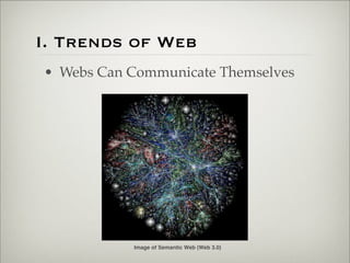 I. Trends of Web
                       • Webs Can Communicate Themselves




                                  Image of Semantic Web (Web 3.0)


Thursday,	 March	 1,	 12
 