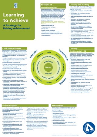 Principles of                                                                            Learning and Teaching
                                                                                                                                                                                                                   In line with the GTCs Standard for Full Registration
                                                                                                                          Curriculum Design                                                                        and Curriculum for Excellence, learners will be
                                                                                                                          It is the responsibility of all practitioners to ensure                                  taught by teachers who:
                                                                                                                          that these principles are built into the design of                                       • Systematically reﬂect upon and evaluate their
                                                                                                                          learning experiences. The practitioner will decide                                         practice
                                                                                                                          which combination of principles is relevant for


 Learning
                                                                                                                                                                                                                   • Feel conﬁdent and supported in adopting
                                                                                                                          each lesson or series of lessons. This choice will be
                                                                                                                                                                                                                     innovative practice
                                                                                                                          inﬂuenced by the learning context, the required
                                                                                                                          outcomes and the needs of learners. Therefore                                            • Adapt their methodology to meet the needs of
                                                                                                                          it is essential that the principles are applied                                            learners



 to Achieve
                                                                                                                          systematically to ensure balance across the totality                                     • Consistently use Assessment for Learning
                                                                                                                          of learners’ experiences.                                                                  strategies to inform their practice
                                                                                                                          Challenge and Enjoyment, Breadth, Progression,                                           • Ensure relevant development of literacy,
                                                                                                                          Depth, Personalisation and Choice, Coherence and
                                                                                                                                                                                                                     numeracy, health and well-being across the
                                                                                                                          Relevance
                                                                                                                                                                                                                     curriculum
 A Strategy for                                                                                                           The principles will apply to:
                                                                                                                          • The whole school curriculum
                                                                                                                                                                                                                   • Use active learning approaches to support
                                                                                                                                                                                                                     learners in their development of creative and
 Raising Achievement                                                                                                      • Cluster plans                                                                            critical thinking strategies
                                                                                                                          • Subject courses / syllabuses                                                           • Gather a range of evidence of learner progress in
                                                                                                                                                                                                                     order to record and report upon this
                                                                                                                          • Early Years and Primary forward plans
                                                                                                                                                                                                                   • Make purposeful use of professional collaboration
                                                                                                                          • Interdisciplinary and thematic project plans                                             in school and beyond
                                                                                                                          • Individual lessons                                                                     • Regularly share information with parents, carers
                                                                                                                                                                                                                     and relevant others in a range of ways
                                                                                                                                                                                                                   • Use local and national policies and guidance to
                                                                                                                                                                                                                     inform their practice
                                                                                                                                                                                                                   • Access professional development related to
                                                                                                                                                                                                                     the needs of the learner, the teacher and their
                                                                                                                                                                                                                     establishment




Curriculum Outcomes                                                                                                                                                                                                Learning
                                                                                                                                                                               Co
                                                                                          ty
Each educational establishment will be responsible
                                                                                                                                                                                            m                      Entitlements 3 - 18
                                                                                     ri
for developing a dynamic, differentiated curriculum
within and across the eight curriculum areas and
                                                                                                                                        safe
                                                                                                                                                                                                                   In addition to the Entitlements of Curriculum for
                                                                                                                         d                                     he
                                                                 g




                                                                                                                      de



                                                                                                                                                                                                pa
subjects. Through a progressive, coherent curriculum                                                                                                                                                               Excellence our education provision will reﬂect local
                                                                                                                                                                       al
                                                              te




3-18, practitioners will ensure that learners can                                                         u
                                                                                                       cl
                                                                                                                                                                                                                   needs and circumstances. Therefore at different
                                                                                                                                                                               t



                                                                                                                                                                                                       ss
effectively:                                                                                                                         nt individ
                                                            In




                                                                                                                                  ﬁde
                                                                                                                                                                                                                   stages of their education our learners will have
                                                                                           in




                                                                                                                                               ua
                                                                                                                                on                                              hy



                                                                                                                                                                                                            io n
• Read, write and demonstrate communication skills                                                                                               ls                                                                opportunities to:
                                                                                                                               c
• Communicate in one or more languages other                                                                                                                                                                       • Link aspects of their learning to the local
                                                                                                                                                                                                                     environment and its heritage
  than English
                                                                                                                                       e ri e nc e
                                                                                                                                    xp
                                                                                                                                                                   ef
                                                                                                                 ns




                                                                                                                                                  s
                                                                   re s p o n s i b l e




• Apply literacy skills in everyday life                                                                                          e                                                                                • Participate in a residential experience where
                                                                                                                                                                     fec
                                                                                                    nsible citize




                                                                                                                                                                                                achieving
                                                                                                                                                                                                                     possible
• Manage themselves in a range of social situations
                                                                                                                                                                        tive contribu




                                                                                                                                                                                                                   • Participate in arts, sports and cultural events
• Demonstrate and use a range of mathematical
                                                                                                                                                                                                                   • Participate in enterprising activities
  skills in a variety of contexts                                                                                                   learner
• Apply numeracy skills in everyday life                                                                                                                                                                           • Participate in environmental projects
• Demonstrate the ability to make healthy lifestyle                                                                                                                                                                • Participate in a community project
                                                                                                 spo




  choices                                                                                                                                                                                                          • Participate in outdoor learning experiences
                                                                                                                                                                                     to
                                                                                               re




• Participate in physical education and physical                                                                                   out           s
                                                                                                                                         come                                                                      • Access appropriate technology
                                                                                                                                                                                       rs




  activity and understand the beneﬁts
                                                                                                                                                                                                                   • Be consulted on and contribute to the decision-
                                                                                                                                                                                      n




• Make use of existing and evolving technologies
                                                                                          d




                                                                                                                                                                                                                     making process in school
                                                                                                                                                                                        ur




                                                                                                                               su
                                                                                                                                               ers
                                                                                           te




                                                                                                                                 cce
• Apply the design process to create and evaluate                                                                                   ssful learn
                                                                                                                                                                                   t




                                                                                                                                                                         ur                                        • Experience work-based learning
  an end product                                                                                       ec
                                                                                                                                                                                                     m




                                                                                                                                                                 ed
                                                                                                     p                                                                                                             • Develop collaborative, social, leadership and other
                                                               Ju




• Apply scientiﬁc knowledge and skills and
                                                                                                                      s
                                                                                                                                                                                            do




                                                                                                                          re                                                                                         life skills
  demonstrate understanding of their impact on our                           ti
                                                                                                                                                                                                is
                                                                   s




                                                                                                                                      active
  environment                                                                             ce                                                                                                                       • Access academic and vocational learning
                                                                                                                                                                                                                     experiences
• Demonstrate understanding of their place in                                                                                                                                               W                      • Access learning experiences designed and/or
  society in past and present contexts
                                                                                                                                                                                                                     delivered by relevant partners
• Demonstrate an understanding of the interaction
  between the natural world and humankind                                                                                                                                                                          • Reﬂect upon and be pro-active in planning and
                                                                                                                                                                                                                     making choices about their own learning
• Demonstrate understanding of the impact of
  political, environmental, ethical and economic                                                                                                                                                                   • Engage with learners in other countries and
  issues locally, nationally and internationally                                                                                                                                                                     demonstrate knowledge of their culture

• Demonstrate understanding of a variety of
  religious and moral issues and their impact on
  societies
• Demonstrate the ability to apply expressive arts
  skills creatively or within a context




Personal Support                                                                                                                                  Achievement
In our educational establishments all staff          • Engaging with services provided by partners                                                Our educational establishments will recognise the
will contribute to the creation of a positive,         where necessary e.g. Health professionals.                                                 learner’s effort and achievement within the four
stimulating and supportive learning                                                                                                               capacities through:
                                                     • Adopting a systematic approach to reviewing
environment by:                                        and planning appropriate progression of                                                    • Formative assessment
• Identifying concerns in respect of learners’         learning                                                                                   • National Qualiﬁcations
  physical and mental health                         • Providing a mechanism which allows                                                         • Certiﬁcation such as Duke of Edinburgh, ASDAN,
• Equipping learners to respect and care for           recognition of wider achievement                                                             John Muir Award...
  themselves and others                              • Using targeted tracking systems; enabling                                                  • Personal achievements in areas such as sport, the
• Equipping learners to be pro-active in seeking       purposeful reporting on achievement and                                                      arts, community service
  information and help                                 attainment
                                                                                                                                                  • Personal learning targets
• Supporting learners with personal and              • Ensuring that there are successful transition
                                                                                                                                                  • Personal achievement in social, behavioural and
  educational issues                                   arrangements which promote continuity of
                                                                                                                                                    motivational development
• Developing positive relationships, using             learning and personal well-being
                                                                                                                                                  • Participation in a range of performances or events
  restorative practices and pro-active anti-         • Supporting learners making choices at all
  bullying strategies                                  stages in their learning including transition
• Using support systems to ensure                      to positive, sustained and successful
  development of appropriate social and                destinations
  behavioural skills
• Communicating with and including parents
  and carers in the support process
                                                                                                                                                  Printed by Falkirk Printworks Tel: 01324 501490 Fax: 01324 501491 E-mail: printworks@falkirk.gov.uk
 