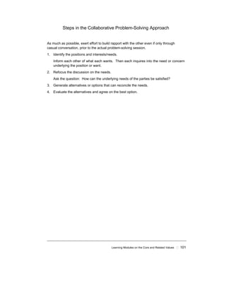 Learning Modules on the Core and Related Values ! 101
Steps in the Collaborative Problem-Solving Approach
As much as possible, exert effort to build rapport with the other even if only through
casual conversation, prior to the actual problem-solving session.
1. Identify the positions and interests/needs.
Inform each other of what each wants. Then each inquires into the need or concern
underlying the position or want.
2. Refocus the discussion on the needs.
Ask the question: How can the underlying needs of the parties be satisfied?
3. Generate alternatives or options that can reconcile the needs.
4. Evaluate the alternatives and agree on the best option.
 