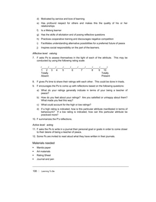108 ! Learning To Be
d) Motivated by service and love of learning
e) Has profound respect for others and makes this the quality of his or her
relationships
f) Is a lifelong learner
g) Has the skills of elicitation and of posing reflective questions
h) Practices cooperative training and discourages negative competition
i) Facilitates understanding alternative possibilities for a preferred future of peace
j) Inspires social responsibility on the part of the learners.
Affective level: valuing
7. F asks Ps to assess themselves in the light of each of the attribute. This may be
conducted by using the following rating scale:
/_____/_____/_____/_____/_____/_____/_____/_____/_____/
1 2 3 4 5 6 7 8 9 10
Totally Totally
Absent Present
8. F gives Ps time to share their ratings with each other. This could be done in triads.
9. F encourages the Ps to come up with reflections based on the following questions:
a) What do your ratings generally indicate in terms of your being a teacher of
peace?
b) How do you feel about your ratings? Are you satisfied or unhappy about them?
What made you feel this way?
c) What could account for the high or low ratings?
d) If a high rating is indicated, how is this particular attribute manifested in terms of
behaviour/s? If a low rating is indicated, how can this particular attribute be
practiced more?
10. F summarizes the P’s reflections.
Active level: acting
11. F asks the Ps to write in a journal their personal goal or goals in order to come closer
to their desire of being a teacher of peace.
12. Some Ps are invited to read aloud what they have written in their journals.
Materials needed
! Manila paper
! Art materials
! Rating Sheet
! Journal and pen
 