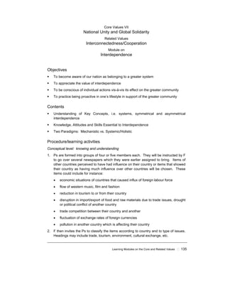 Learning Modules on the Core and Related Values ! 135
Core Values VII
National Unity and Global Solidarity
Related Values
Interconnectedness/Cooperation
Module on
Interdependence
Objectives
! To become aware of our nation as belonging to a greater system
! To appreciate the value of interdependence
! To be conscious of individual actions vis-à-vis its effect on the greater community
! To practice being proactive in one’s lifestyle in support of the greater community
Contents
! Understanding of Key Concepts, i.e. systems, symmetrical and asymmetrical
interdependence
! Knowledge, Attitudes and Skills Essential to Interdependence
! Two Paradigms: Mechanistic vs. Systemic/Holistic
Procedure/learning activities
Conceptual level: knowing and understanding
1. Ps are formed into groups of four or five members each. They will be instructed by F
to go over several newspapers which they were earlier assigned to bring. Items of
other countries perceived to have had influence on their country or items that showed
their country as having much influence over other countries will be chosen. These
items could include for instance:
• economic situations of countries that caused influx of foreign labour force
• flow of western music, film and fashion
• reduction in tourism to or from their country
• disruption in import/export of food and raw materials due to trade issues, drought
or political conflict of another country
• trade competition between their country and another
• fluctuation of exchange rates of foreign currencies
• pollution in another country which is affecting their country
2. F then invites the Ps to classify the items according to country and to type of issues.
Headings may include trade, tourism, environment, cultural exchange, etc.
 