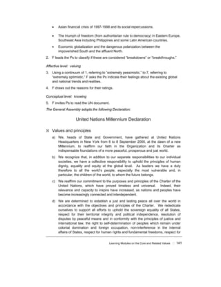 Learning Modules on the Core and Related Values ! 141
• Asian financial crisis of 1997-1998 and its social repercussions.
• The triumph of freedom (from authoritarian rule to democracy) in Eastern Europe,
Southeast Asia including Philippines and some Latin American countries.
• Economic globalization and the dangerous polarization between the
impoverished South and the affluent North.
2. F leads the Ps to classify if these are considered “breakdowns” or “breakthroughs.”
Affective level: valuing
3. Using a continuum of 1, referring to “extremely pessimistic,” to 7, referring to
“extremely optimistic,” F asks the Ps indicate their feelings about the existing global
and national trends and realities.
4. F draws out the reasons for their ratings.
Conceptual level: knowing
5. F invites Ps to read the UN document.
The General Assembly adopts the following Declaration:
United Nations Millennium Declaration
ℵ Values and principles
a) We, heads of State and Government, have gathered at United Nations
Headquarters in New York from 6 to 8 September 2000, at the dawn of a new
Millennium, to reaffirm our faith in the Organization and its Charter as
indispensable foundations of a more peaceful, prosperous and just world.
b) We recognize that, in addition to our separate responsibilities to our individual
societies, we have a collective responsibility to uphold the principles of human
dignity, equality and equity at the global level. As leaders we have a duty
therefore to all the world’s people, especially the most vulnerable and, in
particular, the children of the world, to whom the future belongs.
c) We reaffirm our commitment to the purposes and principles of the Charter of the
United Nations, which have proved timeless and universal. Indeed, their
relevance and capacity to inspire have increased, as nations and peoples have
become increasingly connected and interdependent.
d) We are determined to establish a just and lasting peace all over the world in
accordance with the objectives and principles of the Charter. We rededicate
ourselves to support all efforts to uphold the sovereign equality of all States,
respect for their territorial integrity and political independence, resolution of
disputes by peaceful means and in conformity with the principles of justice and
international law, the right to self-determination of peoples which remain under
colonial domination and foreign occupation, non-interference in the internal
affairs of States, respect for human rights and fundamental freedoms, respect for
 