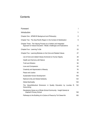 Contents
Foreward i
Introduction 1
Chapter One: APNIEVE Background and Philosophy 5
Chapter Two: The Asia-Pacific Region in the Context of Globilization 9
Chapter Three: The Valuing Process as a Holistic and Integrated
Approach to Values Education: Model, Challenges and Implications 12
Chapter Four: Learning To Be 23
Chapter Five: Learning Modules on the Core and Related Values 27
List of Core and related Values Anchored on Human Dignity 28
Health and Harmony with Nature 39
Truth and Wisdom 50
Love and Compassion 63
Creativity and Appreciation of Beauty 76
Peace and Justice 93
Sustainable Human Development 109
National Unity and Global Solidarity 124
Global Spirituality 144
The Value/Attitudinal Dimension in Quality Education by Lourdes R.
Quisumbing
152
Developing Values as a Whole School Community: Insight Gained at
Clapham Primary School 158
Pathways to the Building of a Culture of Peace by Toh Swee-Hin 165
 