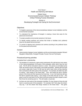 Learning Modules on the Core and Related Values ! 43
Core Values I
Health and Harmony with Nature
Related Values
Environmental Concern Holistic Thinking/
Critical Thinking Futures Orientation
Module on
Developing Foresight into Caring for the Environment
Objectives
! To heighten awareness of the interconnectedness between human habitation and the
environmental ecosystem
! To understand the importance of foresight in creating a future that cares for the
planet and environment
! To project possible environmental scenarios in the future
! To identify existing practices and centres that hinder or facilitate one’s preferred
future for the planet and environment
! To commit to aligning one’s practices and centres according to the preferred future
for the planet and environment
Content
! Interconnection between human habitation and the environmental ecosystem Richard
Slaughter’s Meta-Shifts, Foresight Principle, Futures Tool and Techniques.
Procedure/Learning activities
Conceptual level: understanding
1. The facilitator (F) introduces a game where participants (Ps) will become more aware
of the interconnectedness of all parts of the ecosystem within which they live and
work. The Ps will be instructed to stand in a circle. One person is nominated as the
SUN, the primary source of all energy in the whole ecosystem. Starting with the SUN
and using a large ball of wool, Ps will toss the ball to each other as they describe
their connections with other parts of the ecosystem. For example, the SUN may start
by saying, “I give energy to the forest trees.” Then, she tosses the ball to another
person in the circle who then becomes the forest tree. In turn, the forest tree will toss
the ball to someone else saying, “I give energy to the birds that eat my fruit.” This
goes on and Ps must hold on to the wool at the point where the ball is tossed to them
then throw the remaining wool on. This will create a visual web.
2. As there are more parts of the ecosystem identified, Ps may choose to throw the ball
back to a previous part of the ecosystem. For example, the P who plays the stream
may say, “I am the stream that brings moisture to the forest trees.” This game
 