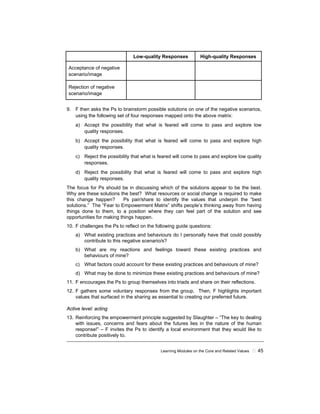 Learning Modules on the Core and Related Values ! 45
Low-quality Responses High-quality Responses
Acceptance of negative
scenario/image
Rejection of negative
scenario/image
9. F then asks the Ps to brainstorm possible solutions on one of the negative scenarios,
using the following set of four responses mapped onto the above matrix:
a) Accept the possibility that what is feared will come to pass and explore low
quality responses.
b) Accept the possibility that what is feared will come to pass and explore high
quality responses.
c) Reject the possibility that what is feared will come to pass and explore low quality
responses.
d) Reject the possibility that what is feared will come to pass and explore high
quality responses.
The focus for Ps should be in discussing which of the solutions appear to be the best.
Why are these solutions the best? What resources or social change is required to make
this change happen? Ps pair/share to identify the values that underpin the “best
solutions.” The “Fear to Empowerment Matrix” shifts people’s thinking away from having
things done to them, to a position where they can feel part of the solution and see
opportunities for making things happen.
10. F challenges the Ps to reflect on the following guide questions:
a) What existing practices and behaviours do I personally have that could possibly
contribute to this negative scenario/s?
b) What are my reactions and feelings toward these existing practices and
behaviours of mine?
c) What factors could account for these existing practices and behaviours of mine?
d) What may be done to minimize these existing practices and behaviours of mine?
11. F encourages the Ps to group themselves into triads and share on their reflections.
12. F gathers some voluntary responses from the group. Then, F highlights important
values that surfaced in the sharing as essential to creating our preferred future.
Active level: acting
13. Reinforcing the empowerment principle suggested by Slaughter – “The key to dealing
with issues, concerns and fears about the futures lies in the nature of the human
response!” – F invites the Ps to identify a local environment that they would like to
contribute positively to.
 