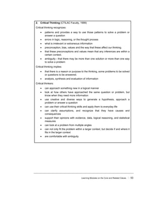 Learning Modules on the Core and Related Values ! 53
2. Critical Thinking (CTILAC Faculty, 1999)
Critical thinking recognizes:
• patterns and provides a way to use those patterns to solve a problem or
answer a question
• errors in logic, reasoning, or the thought process
• what is irrelevant or extraneous information
• preconception, bias, values and the way that these affect our thinking.
• that these preconceptions and values mean that any inferences are within a
certain context.
• ambiguity - that there may be more than one solution or more than one way
to solve a problem
Critical thinking implies:
• that there is a reason or purpose to the thinking, some problems to be solved
or questions to be answered.
• analysis, synthesis and evaluation of information
Critical thinkers:
• can approach something new in a logical manner
• look at how others have approached the same question or problem, but
know when they need more information
• use creative and diverse ways to generate a hypothesis, approach a
problem or answer a question
• can use their critical thinking skills and apply them to everyday life
• can clarify assumptions, and recognize that they have causes and
consequences
• support their opinions with evidence, data, logical reasoning, and statistical
measures
• can look at a problem from multiple angles
• can not only fit the problem within a larger context, but decide if and where it
fits in the larger context
• are comfortable with ambiguity
 