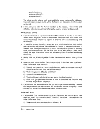 74 ! Learning To Be
your beliefs that…
your orientation of…
your practices of…
The output from this schema could be shared to the person concerned for validation.
Incorrect responses could lead to further clarification and elaboration from the person
concerned.
5. F then discusses with the Ps their reaction to the process. Some helps and
difficulties to the learning of the art of empathy could be surfaced and discussed.
Affective level: valuing
6. F now leads the Ps to a personal reflection of how the art of empathy is present or
absent in their daily lives. Ps will be instructed to identify an event in the recent past
where they realize empathy is required in order to arrive at understanding and
reconciliation.
7. As a specific event is recalled, F invites the Ps to check whether they were able to
practice empathy and resolve the differences as a result. If they were unable to, F
asks the Ps to identify the hindrances or blocks which made the practice of empathy
either difficult or impossible. On the other hand, if they were able to, F asks Ps to
identify the helps or facilitative factors that made the practice of empathy either easy
or possible.
8. Having done this, F encourages Ps to share their reflections within a small group of
four.
9. After the small group sharing, F encourages some Ps to share their experience,
using the following guide questions:
a) What did you observe as common difficulties and blocks and common helps and
facilitative factors in the effort to practice empathy?
b) What were your own difficulties and helps?
c) What could account for these?
d) What insights and realizations have you gained from this reflection?
e) What could you personally consider in order to overcome the difficulties and
blocks to the practice of empathy?
10. F summarizes the responses of the Ps and encourages them to seriously consider
how they could deal with the difficulties and blocks to the practice of empathy. Some
concrete tips at this point could also be offered or brainstormed.
Active level: acting
11. F encourages Ps to consider practicing the art of empathy with persons whom they
would still have a difficult time accepting, forgiving or reconciling. This could be done
using the following steps:
a) Work on the schema suggested in procedure no. 4.
 