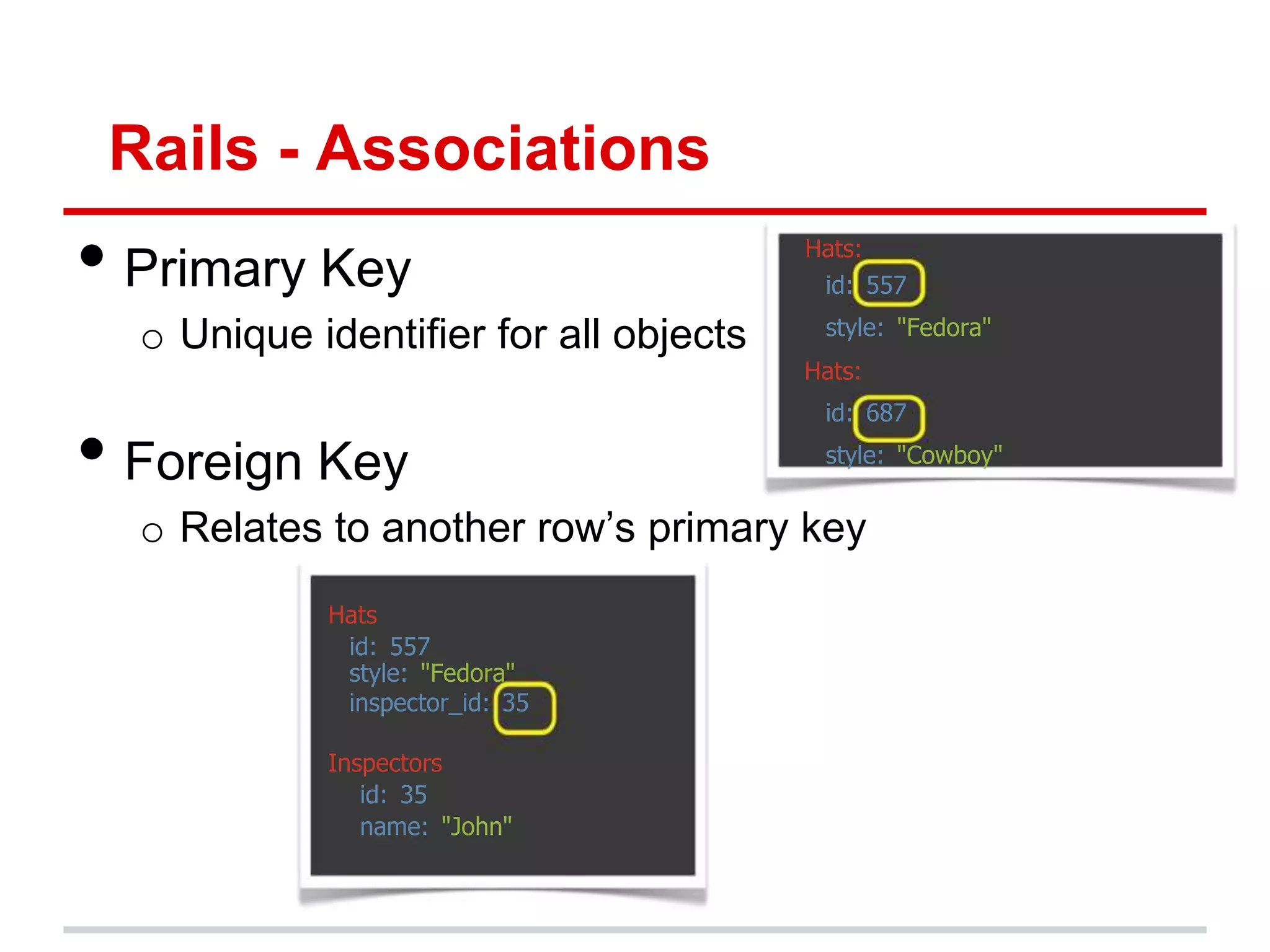 Rails - Associations
• Primary Key                          Hats:
                                        id: 557

  o Unique identiﬁer for all objects    style: "Fedora"
                                       Hats:
                                        id: 687

• Foreign Key                           style: "Cowboy"


  o Relates to another row’s primary key
            Hats
             id: 557
             style: "Fedora"
             inspector_id: 35

            Inspectors
               id: 35
               name: "John"
 