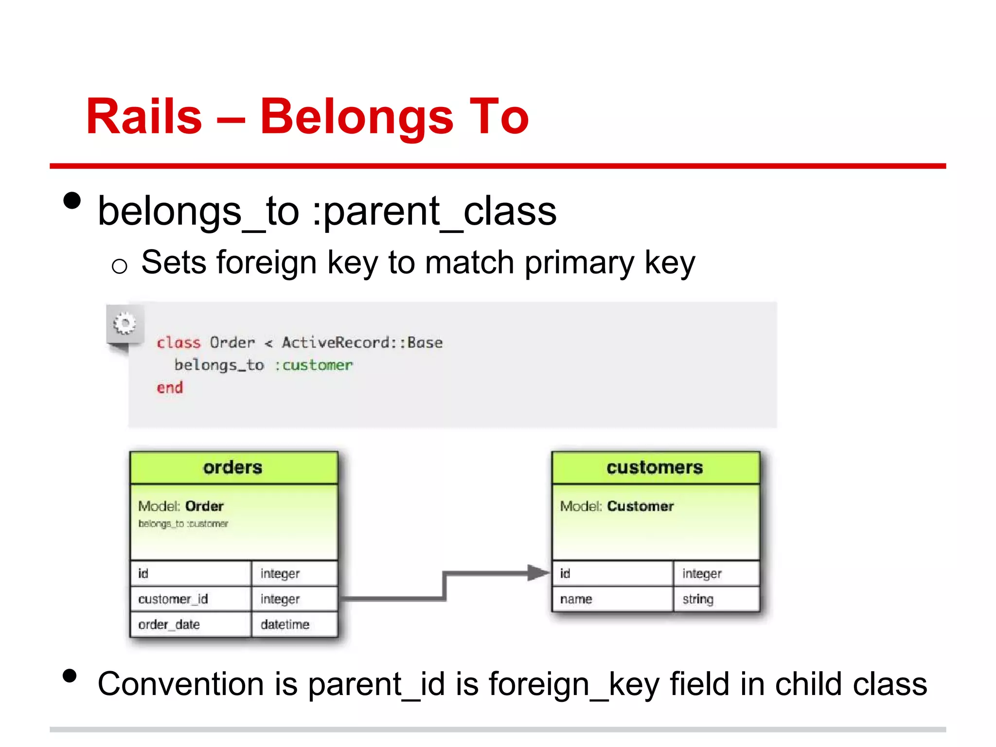 Rails – Belongs To
• belongs_to :parent_class
     o Sets foreign key to match primary key




•   Convention is parent_id is foreign_key field in child class
 