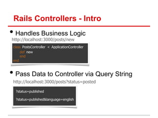 Rails Controllers - Intro
• Handles Business Logic
http://localhost:3000/posts/new
 class PostsController < ApplicationController
      def new
      end
 end



• Pass Data to Controller via Query String
 http://localhost:3000/posts?status=posted

  ?status=published

  ?status=published&language=english
 