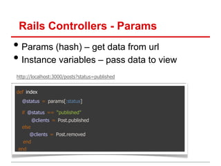 Rails Controllers - Params
• Params (hash) – get data from url
• Instance variables – pass data to view
http://localhost:3000/posts?status=published


def index
  @status = params[:status]

  if @status == “published"
         @clients = Post.published
  else
     @clients = Post.removed
   end
 end
 