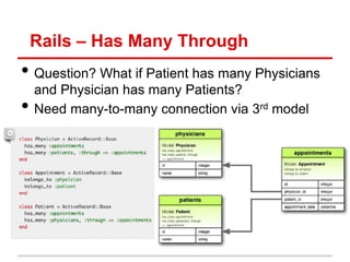 Rails – Has Many Through
• Question? What if Patient has many Physicians
    and Physician has many Patients?
•   Need many-to-many connection via 3rd model
 