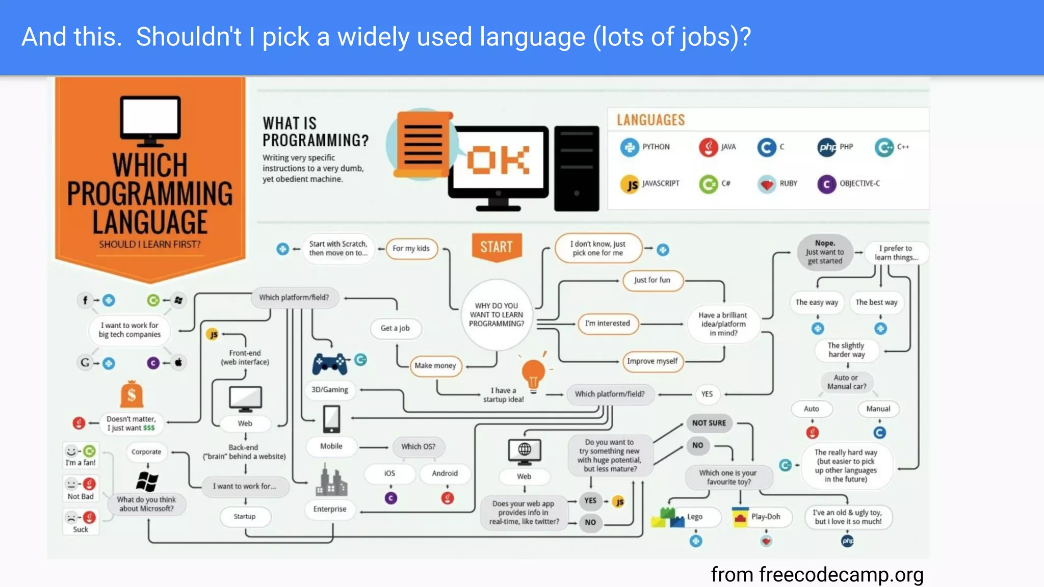 And this. Shouldn't I pick a widely used language (lots of jobs)?
from freecodecamp.org
 
