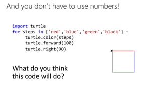 And you don’t have to use numbers!
import turtle
for steps in ['red','blue','green','black'] :
turtle.color(steps)
turtle.forward(100)
turtle.right(90)
What do you think
this code will do?
 